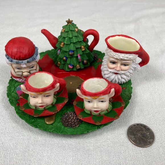1995 Chadwick Miller Xmas Resin Mini Tea Set w/ Wreath Base, Santa & Elves - Picture 9 of 9